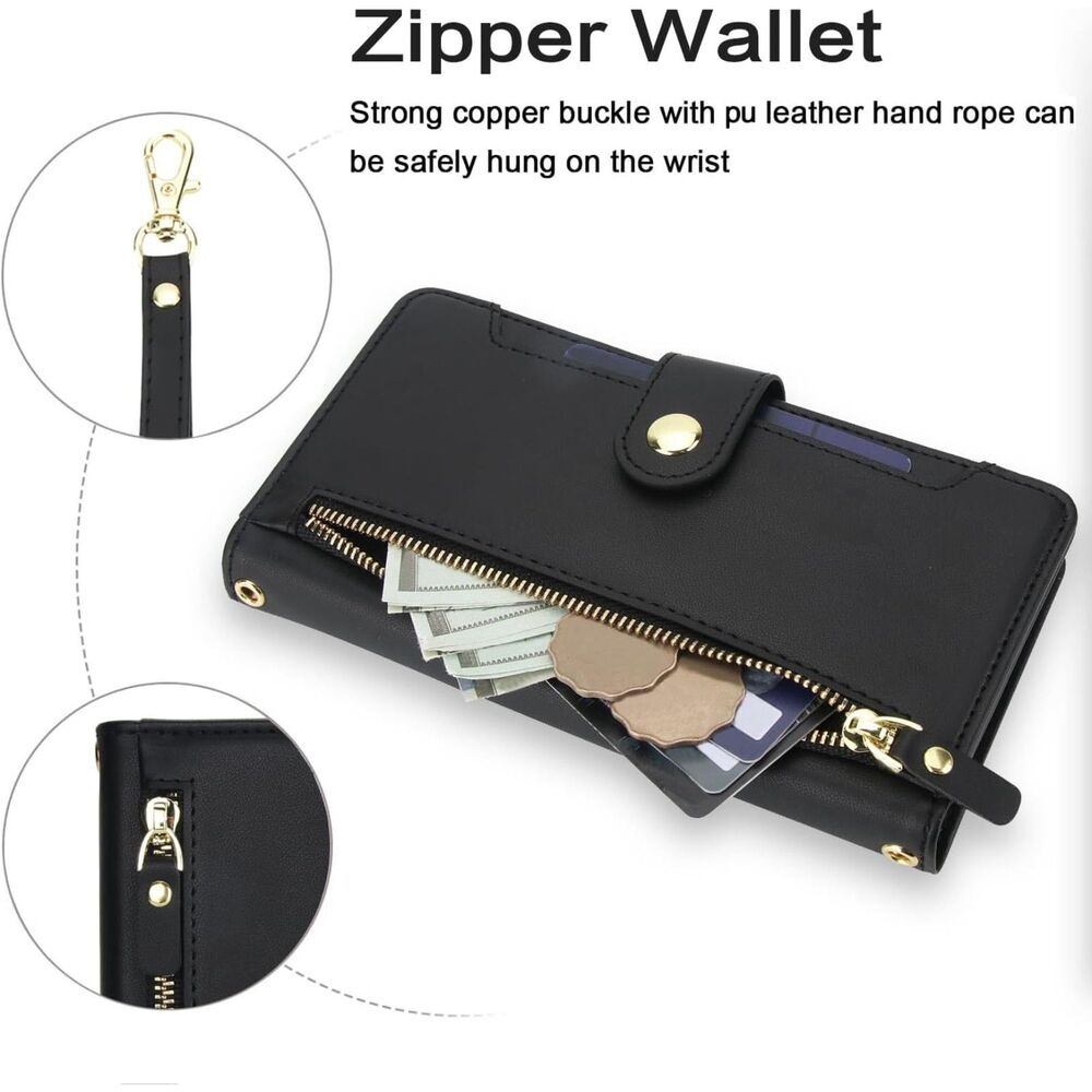 iPhone 17E Crossbody Case Black Wallet Zipper Card Holder Wrist Strap Kickstand - Picture 7 of 7